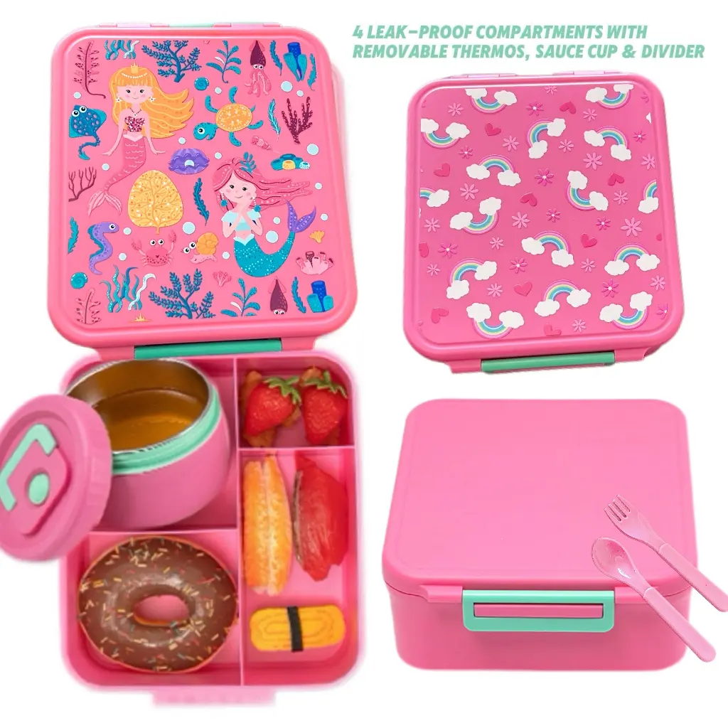 Bento Lunch Box Set for Kids🍗🥦🍓🍰🍲 with 8oz Soup Thermo, Leak-Proof Lunch Containers with 4 Compartment, Kids Thermo Hot Food Jar ，BPA Free ， Utensils for Girl Boy School, Microwave Dishwasher Safe