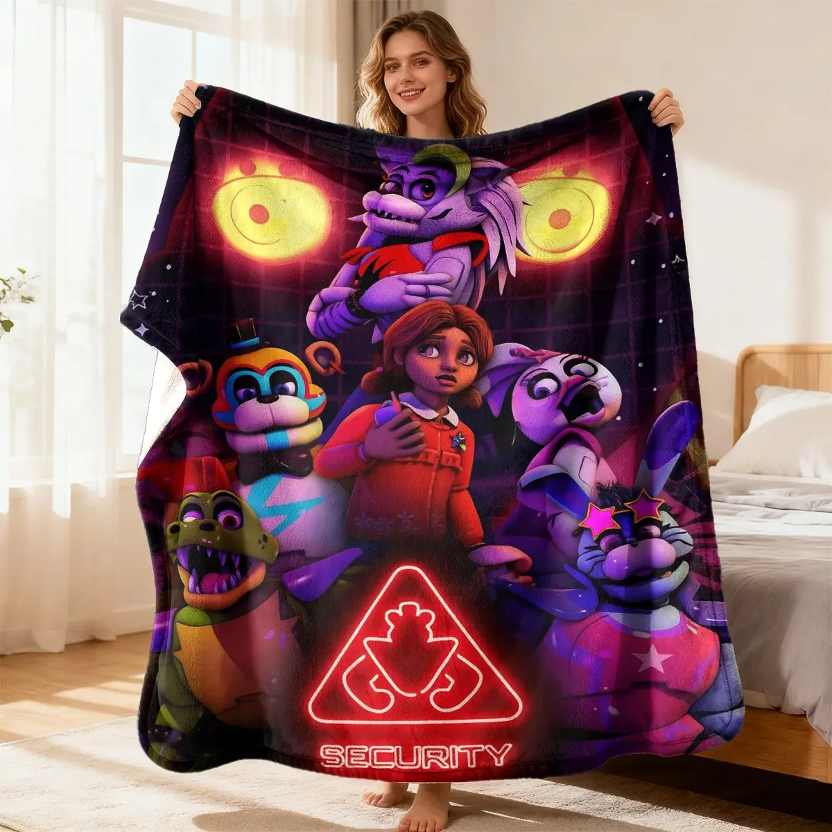 Neon Grid Sci-Fi Cartoon Group Portrait Flannel Throw Blanket Glowing Security Logo Print Soft Warm Lightweight Blanket for Gaming Fan Room Decor Themed Birthday Gift