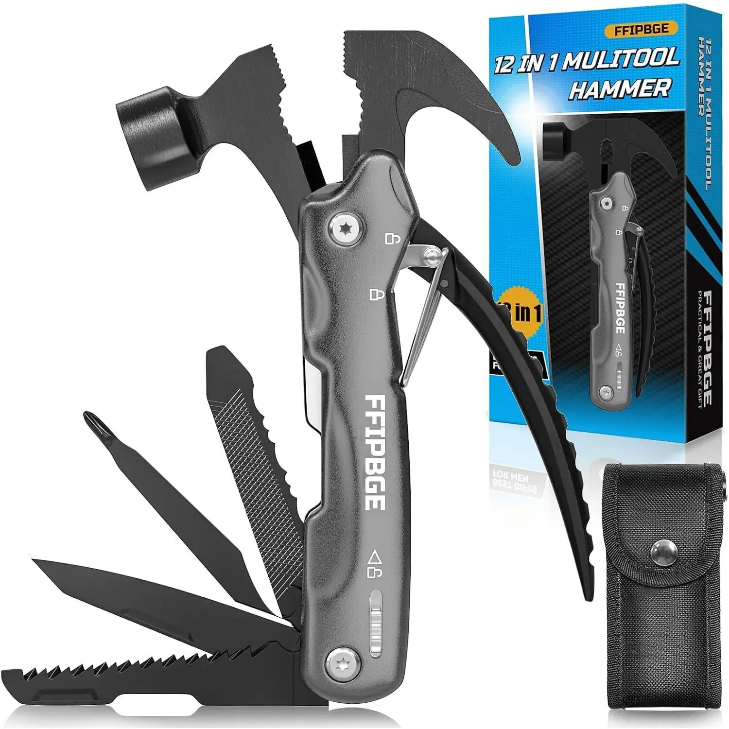 12 in 1, Caming Mulititool with Screwdriver, Safety Lock and Nylon Sheath, Dad Gifts from Daughter, Wife, for Men, Him, Dad,, Hiker, Grey