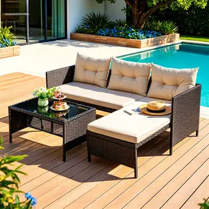 3 Pcs Rattan Patio Furniture Set, L-Shaped Sectional Sofa with Chaise Lounge, Cushions & Glass Side Table