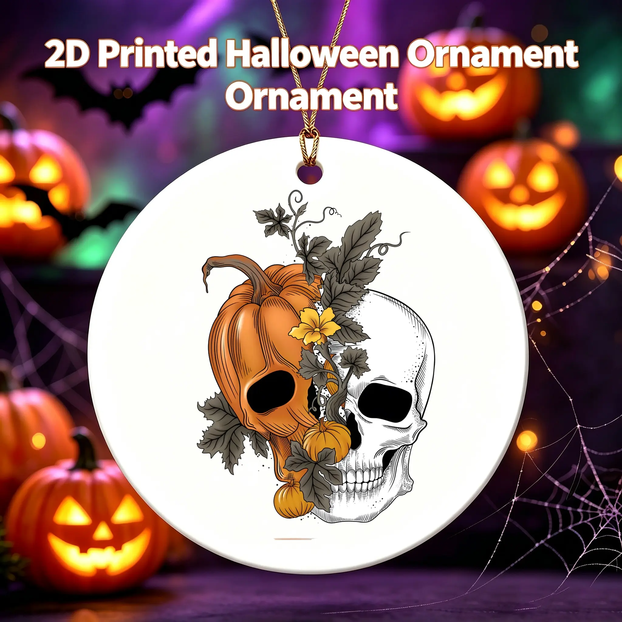 Halloween Style Ceramic Ornament Skull And Pumpkin Pattern Ceramic Hanging Decoration For Home Party Decor 3 Inch