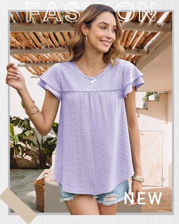Women's Summer Tops Crewneck Eyelet Ruffle Short Sleeve Blouses Casual Babydoll Shirts 2025 S-2XL Lightweight Soft Knitted Fabric Trendy Babydoll Style