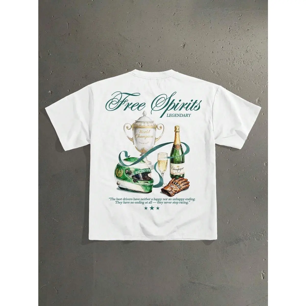 StoneGrade Vintage American Racing Champion Trophy Graphic White T-Shirt,Loose Fit Short Sleeve Tee,Summer Casual Streetwear,City Break Fashionable Gift For Men