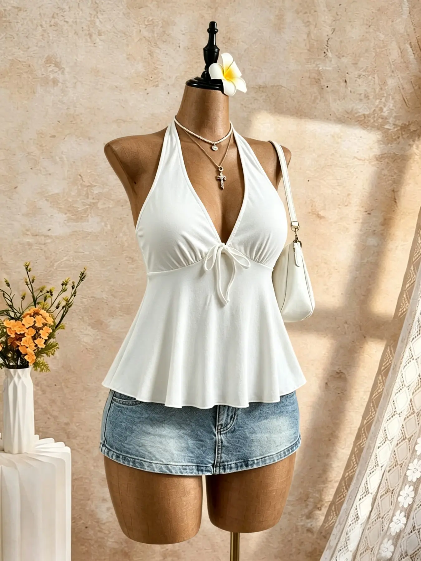 Vintage Pure Desire Summer Polka Dot Deep V Halter Top, Contour Waist Tank, Waist Cinch Slimming Vacation Women's Casual Flattering Sleeveless Shirt