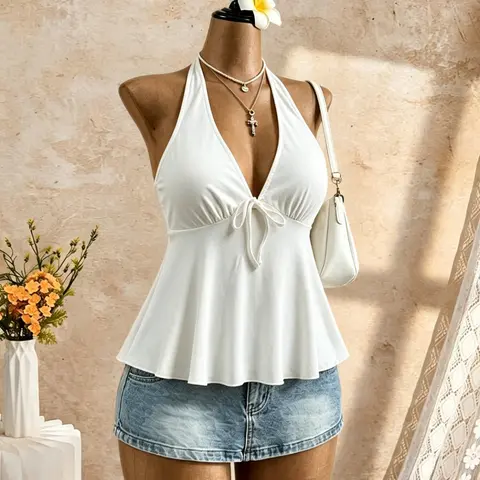 Vintage Pure Desire Summer Polka Dot Deep V Halter Top, Contour Waist Tank, Waist Cinch Slimming Vacation Women's Casual Flattering Sleeveless Shirt
