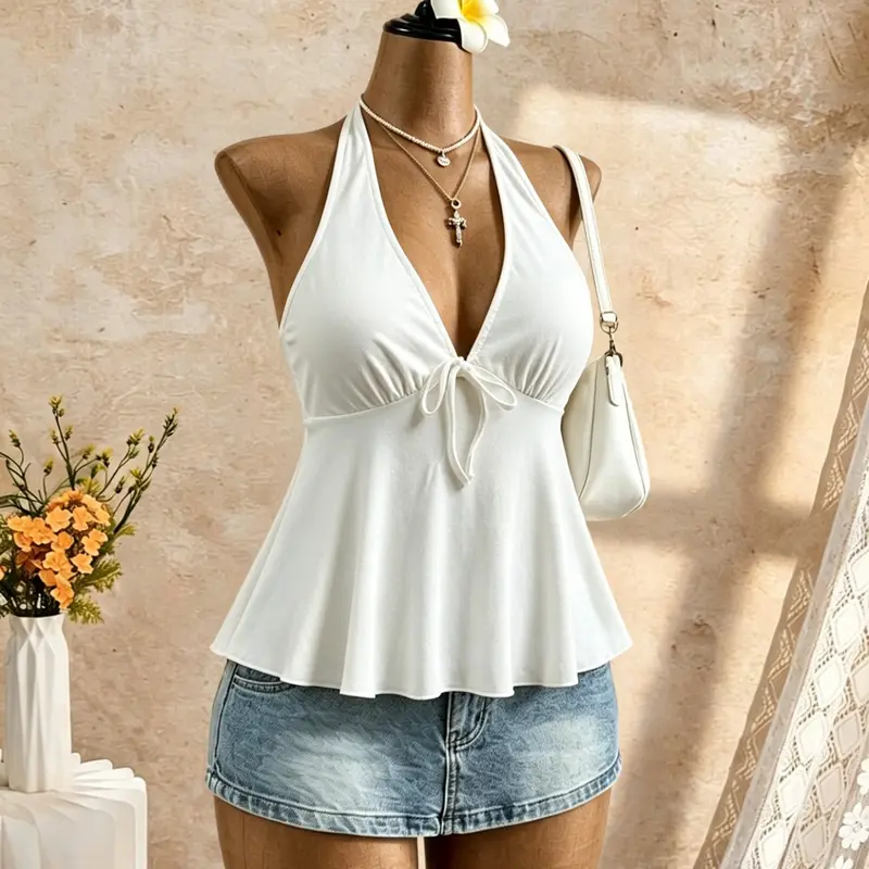 Vintage Pure Desire Summer Polka Dot Deep V Halter Top, Contour Waist Tank, Waist Cinch Slimming Vacation Women's Casual Flattering Sleeveless Shirt