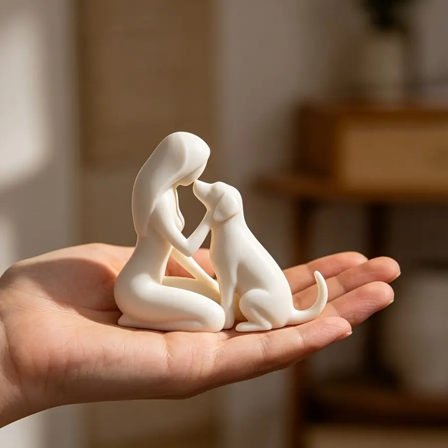 3D Printed Girl and Dog Statue, Elegant Small Decorative Piece, Perfect for Office Desk, Entryway Shelf, Bookshelf Gaps, Pet Memorial Gift, Statues for Home Decor