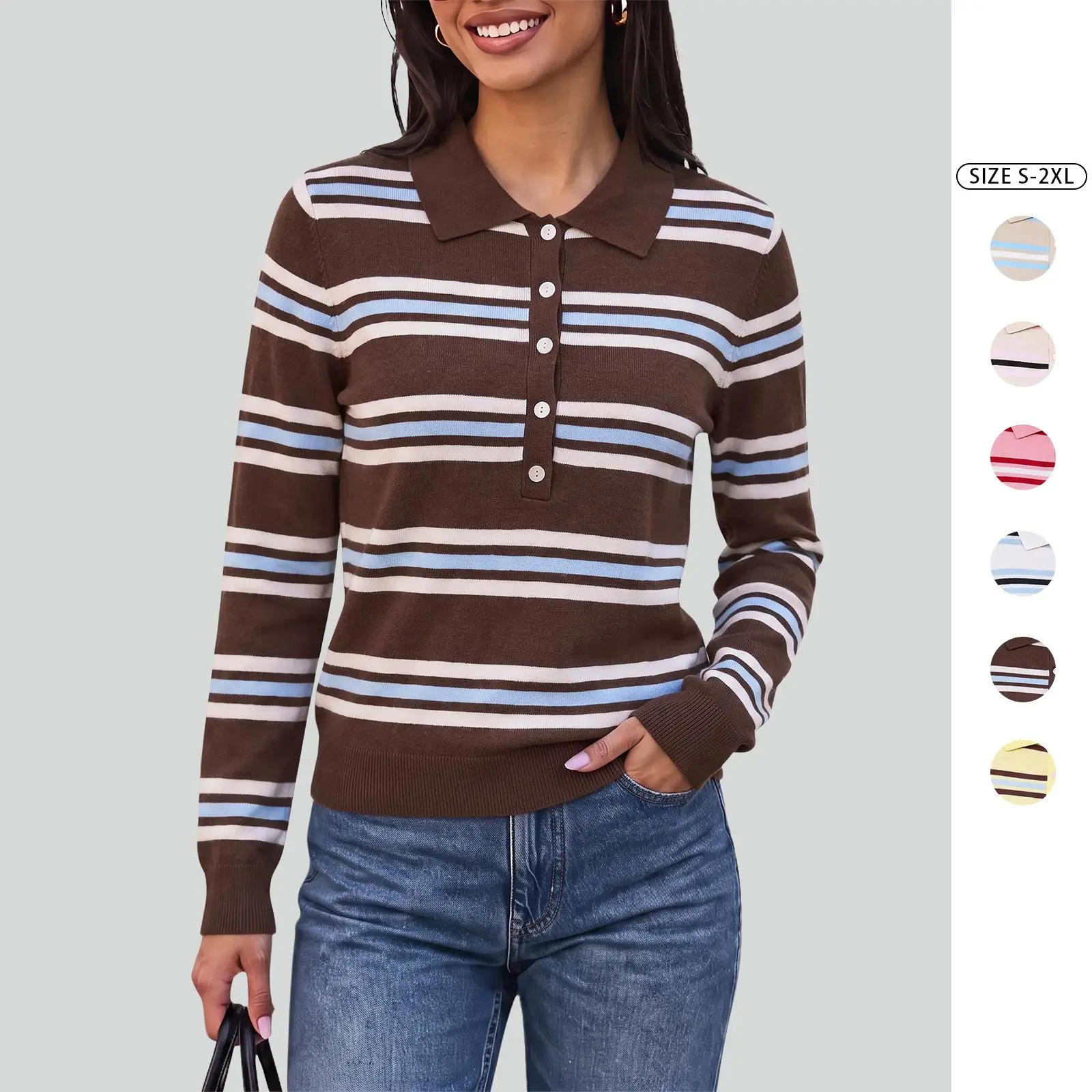 Imily Bela Women's Striped Polo Knit Sweater Long Sleeve Button Front Pullover Top Casual Fall Preppy Fashion