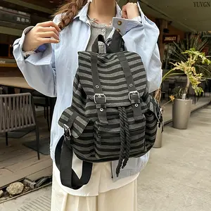 2026 Trendy Striped Flap Backpack for Students, Large Capacity Niche Design Canvas Rucksack, Spacious Stylish Daypack Ideal for Campus, Daily Commute, Short Trips and Casual Outdoor Outings