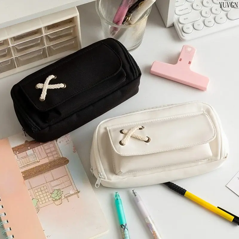 Minimalist Pencil Pouch - Black and White Large-Capacity Multi-Compartment Stationery Organizer with Cross Lace Decor for Teens, Back to School Gym Accessory (TikTok Shop Back to School Essential)