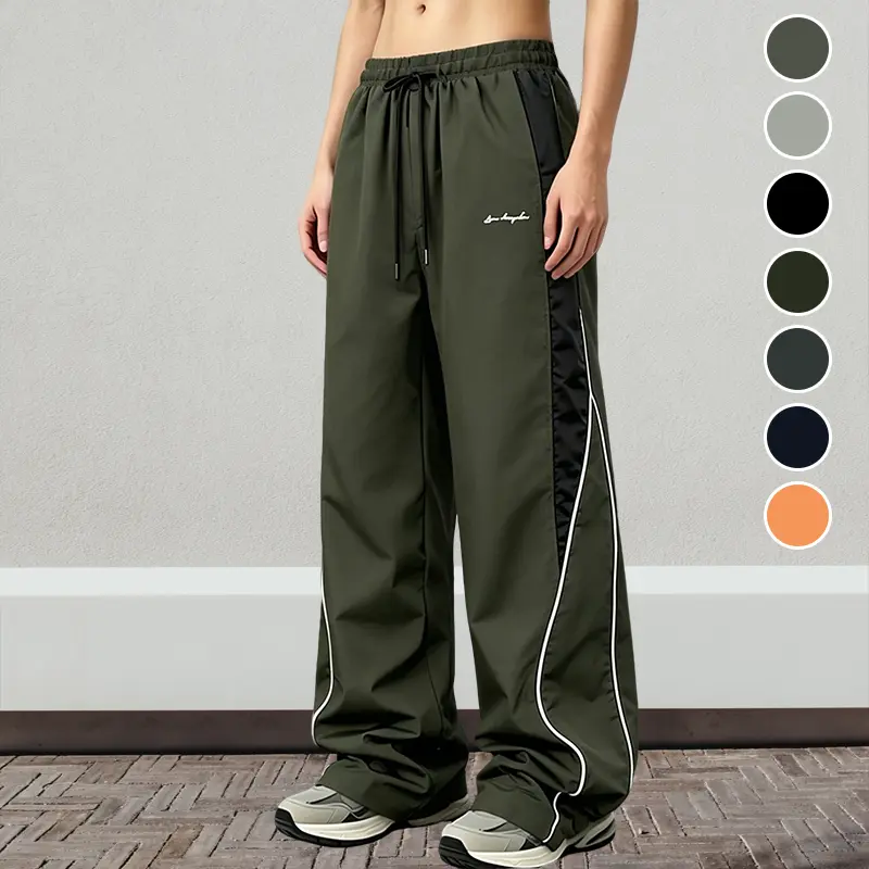 American Street Trendy Men's Contrast Spliced Reflective Piping Convertible Cuff Wide Leg Quick Dry Parachute Pants, Elastic Drawstring High Waist Ice Silk Draped Floor Trousers, Breathable Versatile Casual Cargo Pants For Students Night Run Outdoor Outfi