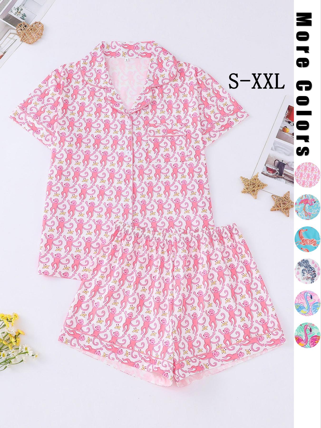 Women's Monkey Print Lapel Neck Button Front Shirt & Elastic Waist Shorts Pyjama Set, Casual Comfy Short Sleeve Pocket Top & Shorts PJ Set, Ladies Sleepwear Loungewear for All Seasons
