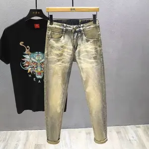 American Men's  Hole Breaking, Slim Fit Straight Leg Denim Pants,Summer Streetwear: Vintage-Style Yellow Mud-Dyed Denim Jeans