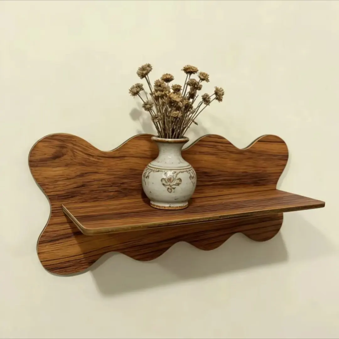 Boho Wavy Wooden Floating Shelf, 30cm Scalloped Edge, Wall Mounted Storage, Aesthetic Home Decoration for Bedroom Bathroom, Candle Plant Display, Wooden Wall Rack, Wall Mount Design