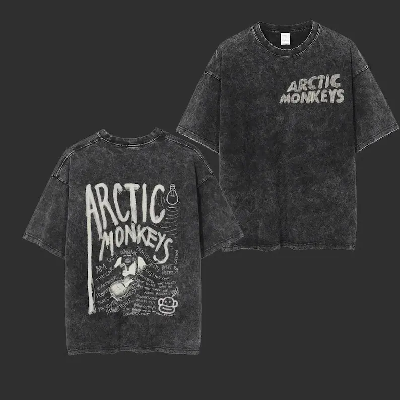 Arctic Monkeys Short-Sleeve Round Neck Retro Acid Washed Casual Sports Top, Vintage Casual Tee with Retro Look, Shortsleeve, Tops