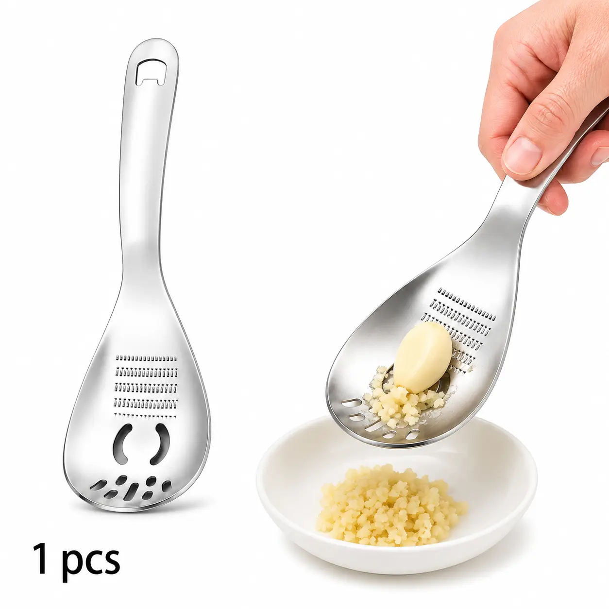 5-in-1 Multifunctional Cooking Spoon, 18/8 304 Stainless Steel Kitchen Tool with Potato Masher, Egg Separator, Grater, Slotted Spoon & Bottle Opener