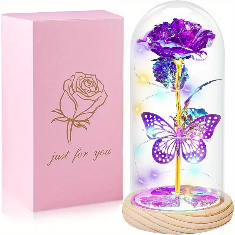 1pc Birthday Gift for Women, Butterfly Preserved Rose Flower Gifts for Mom Grandma, Womens Gifts for Christmas, Flower Rose Light Up Rose in A Glass Dome, Xmas Gifts for Her, Anniversary, Valentines, Mothers Day, Wedding Gifts