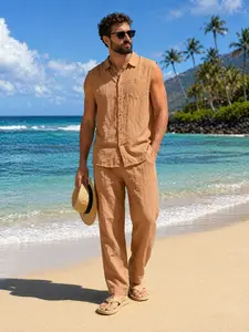 Men's Four-Season Linen Casual Loose-Fit Hawaiian Holiday Henry-Neck Hooded Long-Sleeved Top and Trousers Set