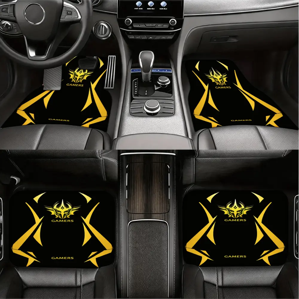 Gaming Style, Car Floor Mats, Golden Gamers Logo Pattern, Non-Slip Rubber Backing With Embroidered Detail, For Gamers And Car Enthusiasts, 4-Piece Set Front And Rear