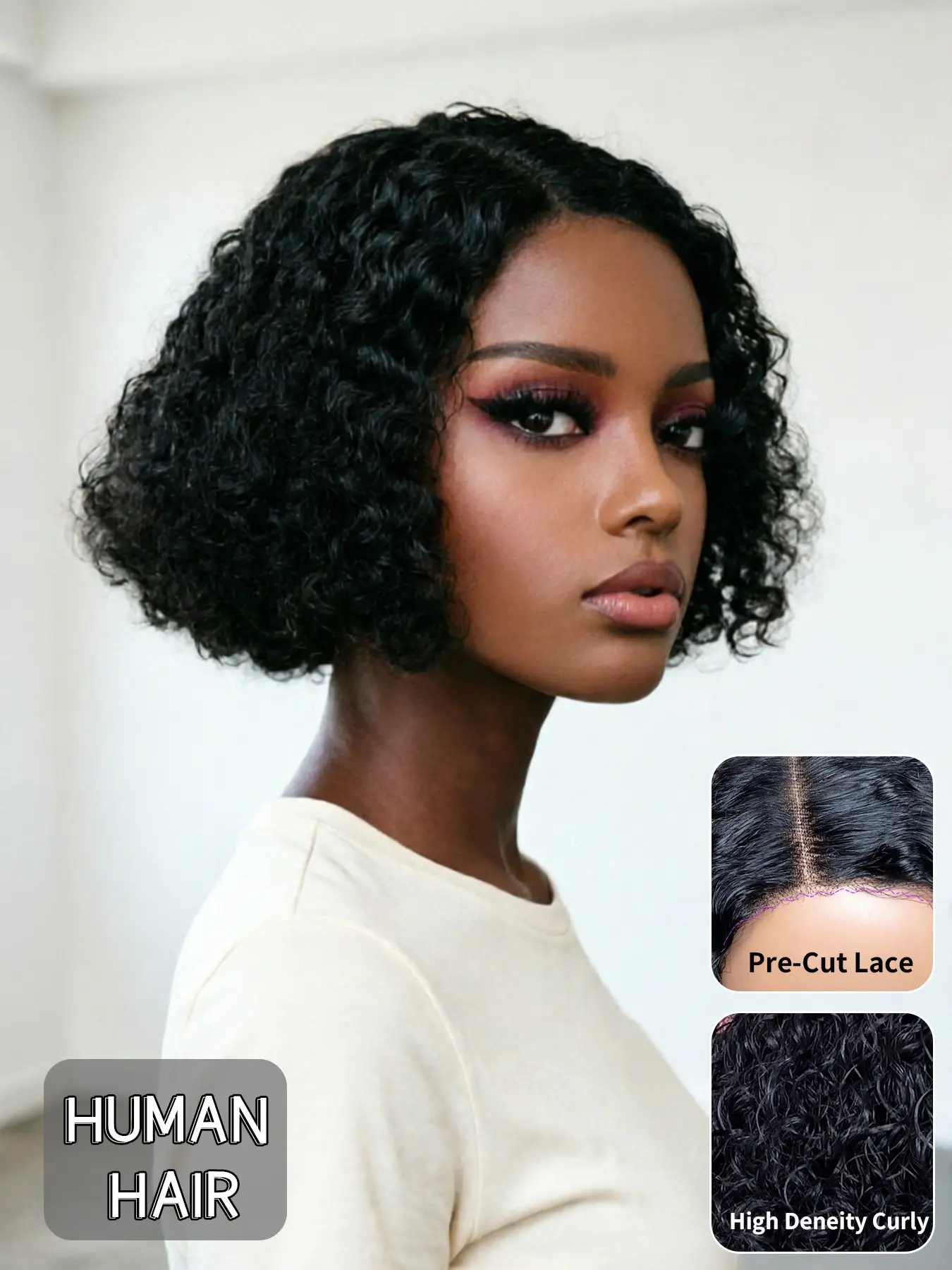 8 Inch Human Hair Pixie Curly Wig, 4x4 Lace Closure Wig for Women, Short Side Part Curly Cut, Springy Curl Texture, Easy Shape Styling, Adjustable Comfortable Cap