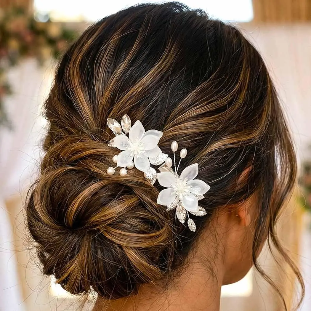Flower Bride Wedding Hair Clips Silver Leaf Bridal Hair Barrette Pearl Hair Accessories for Women and Girls (Pack of 2)