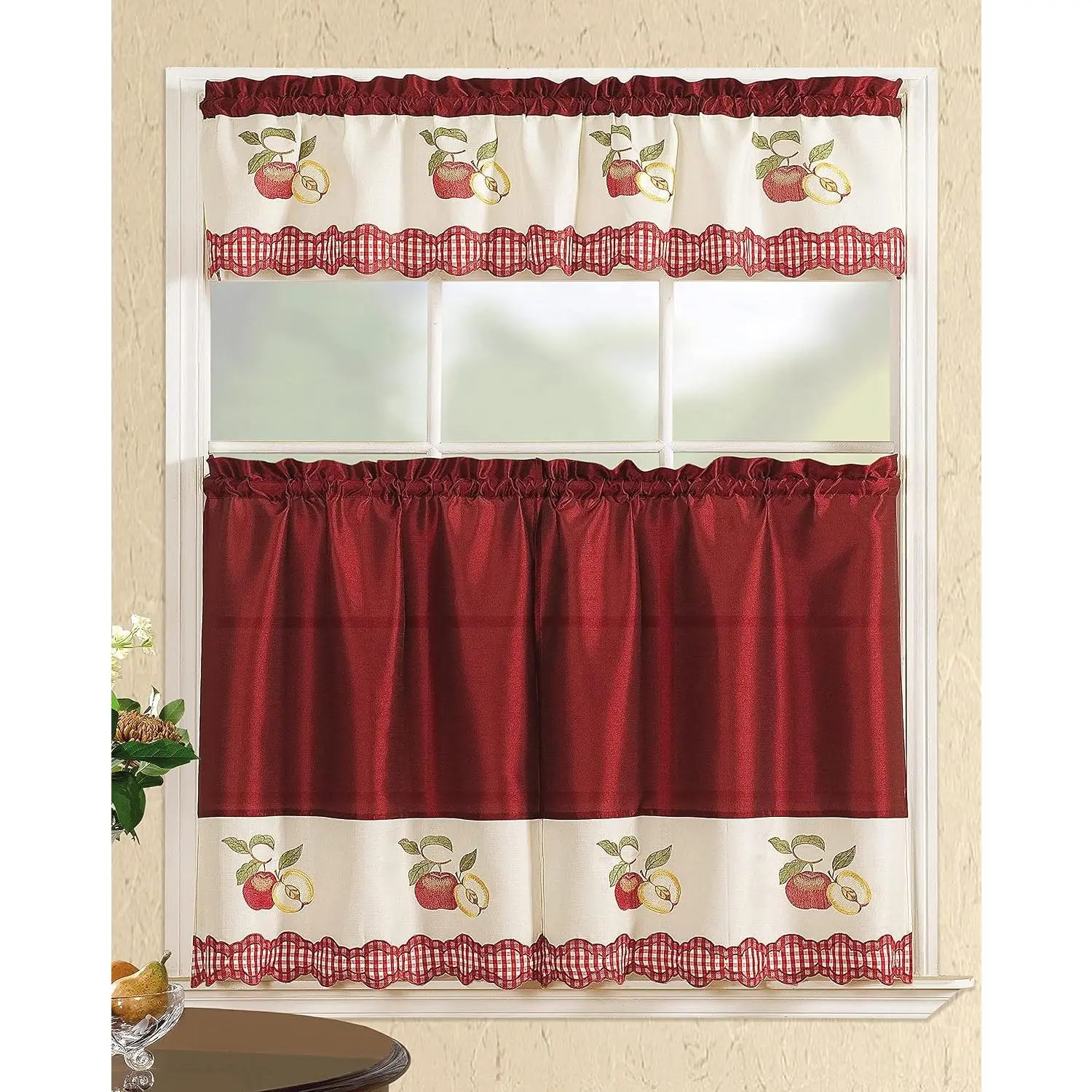 Modern Contemporary 3 count Embroidered  Kitchen Window  Curtain Set (Straight Valance, Red Apples)
