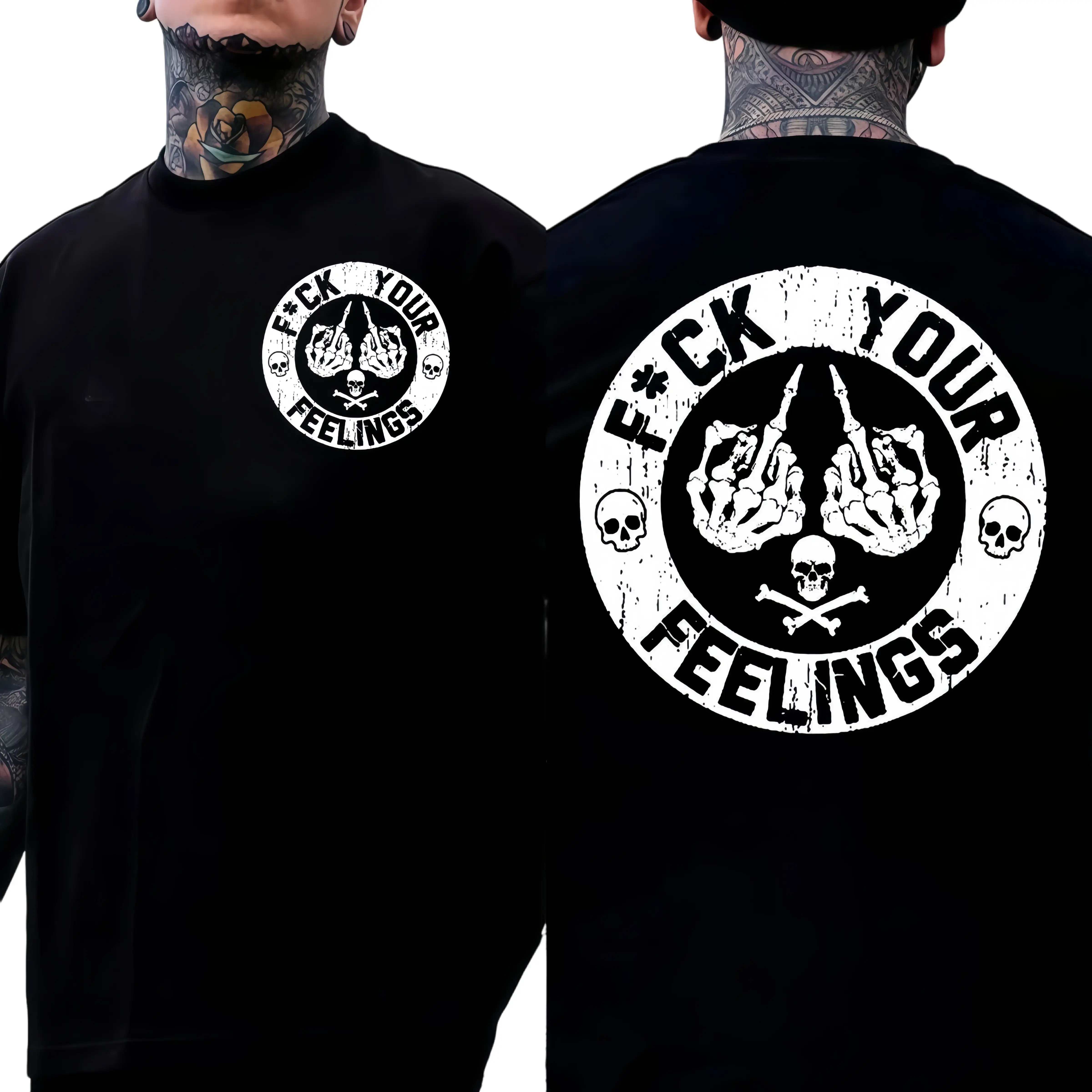 Distressed Skull Skeleton Hand Two Sided Graphic T-Shirt Gothic Grunge Retro Streetwear Unisex Casual Tee