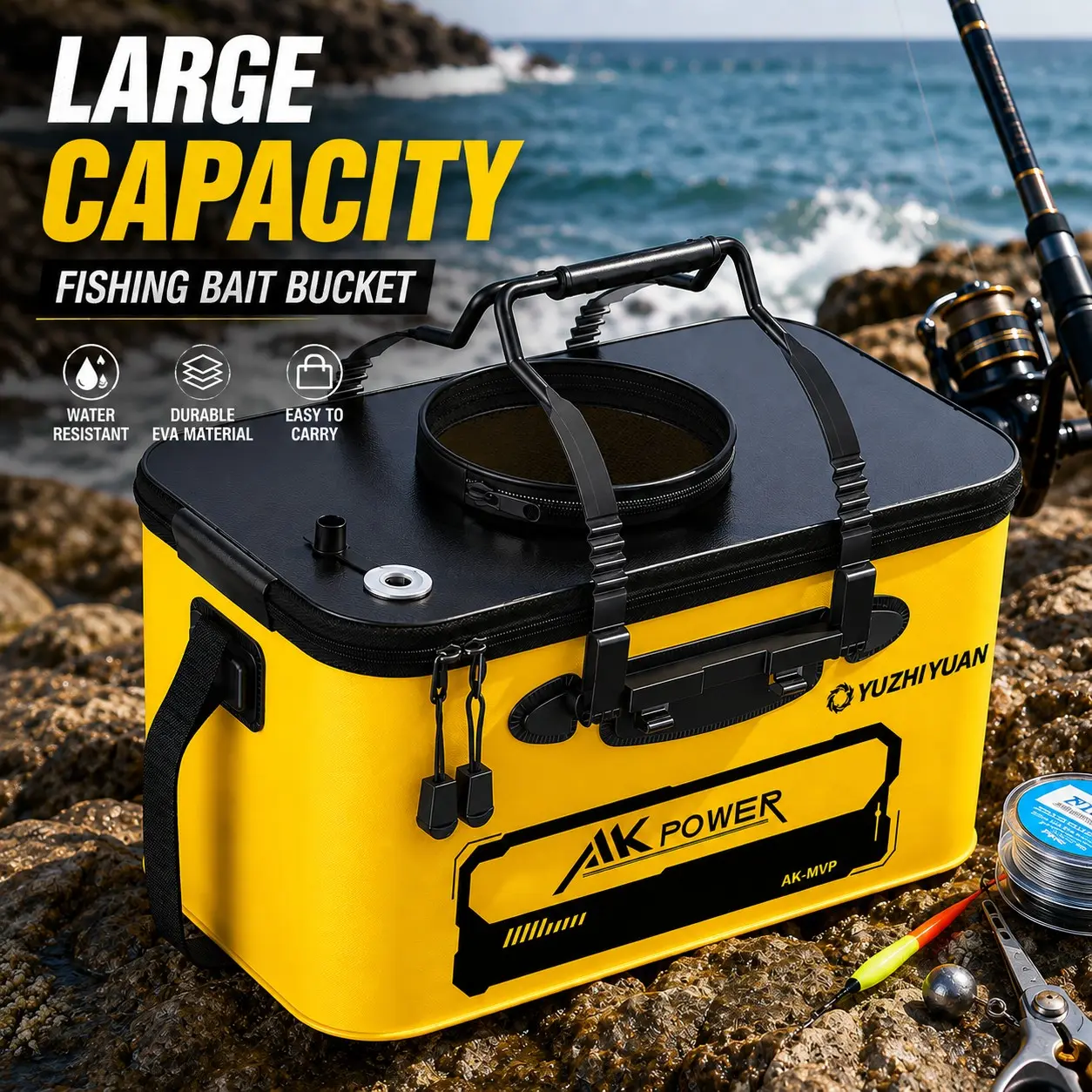 Portable Foldable Fishing Bucket, Large Capacity Bait Tray, Thick Eva Material, Shoulder Strap Handle, Ideal for Freshwater and Saltwater Fishing