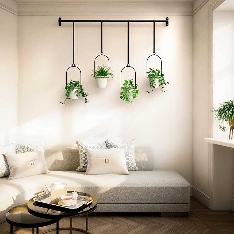 1set Metal Adjustable Hanging Planters with 4pcs Plastic Pots, Rail for Indoor Window & Ceiling Herb Garden, Wall Plant Hanger with Nylon Cords, 11.8" -18.1" Width Expandable Cabinet Drawers for Pot and Pan, Slide Out Storage Rack, Black, Flower Pots