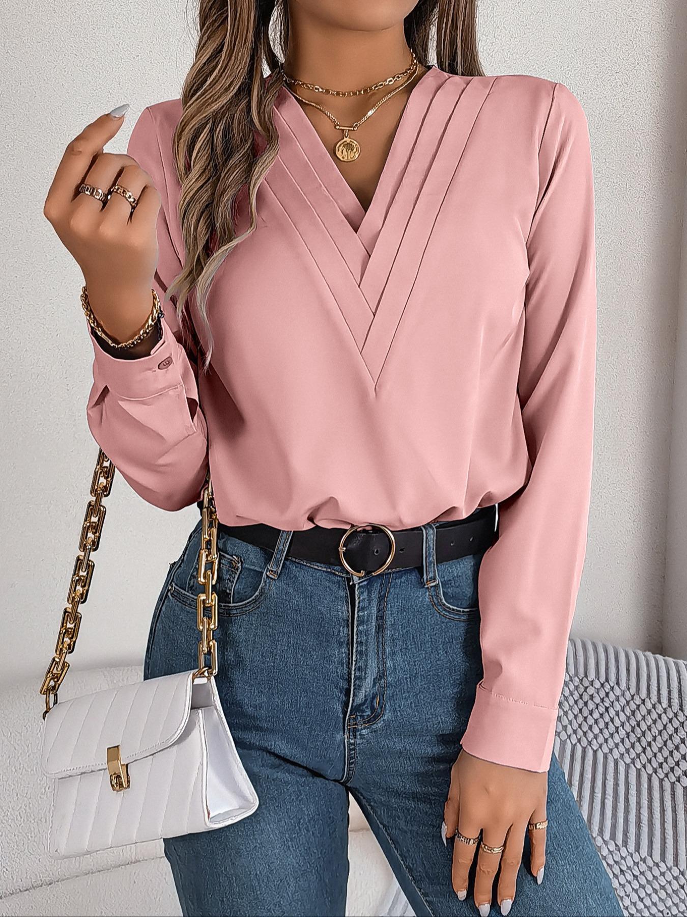 Women's Plain V Neck Blouse Elegant Long Sleeve Shirts Top for Spring & Fall, Ladies Clothes for Daily Wear, Fall Clothing Women, Comfort Womenswear, Going Out Tops, Casual Classy Top, Fall Clothes, Coquette Autumn Clothing