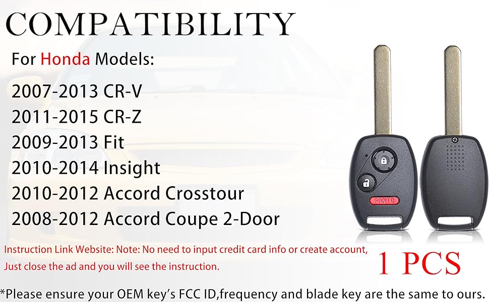 Key Fob Remote Replacement Fits Honda CRV 2007 2008 2009 2010 2011 2012 2013/CRZ 2007-2014 2015/Fit/Insight/Accord Coupe/Crosstour MLBHLIK-1T Keyless Entry Remote Control 35111-SWA-306