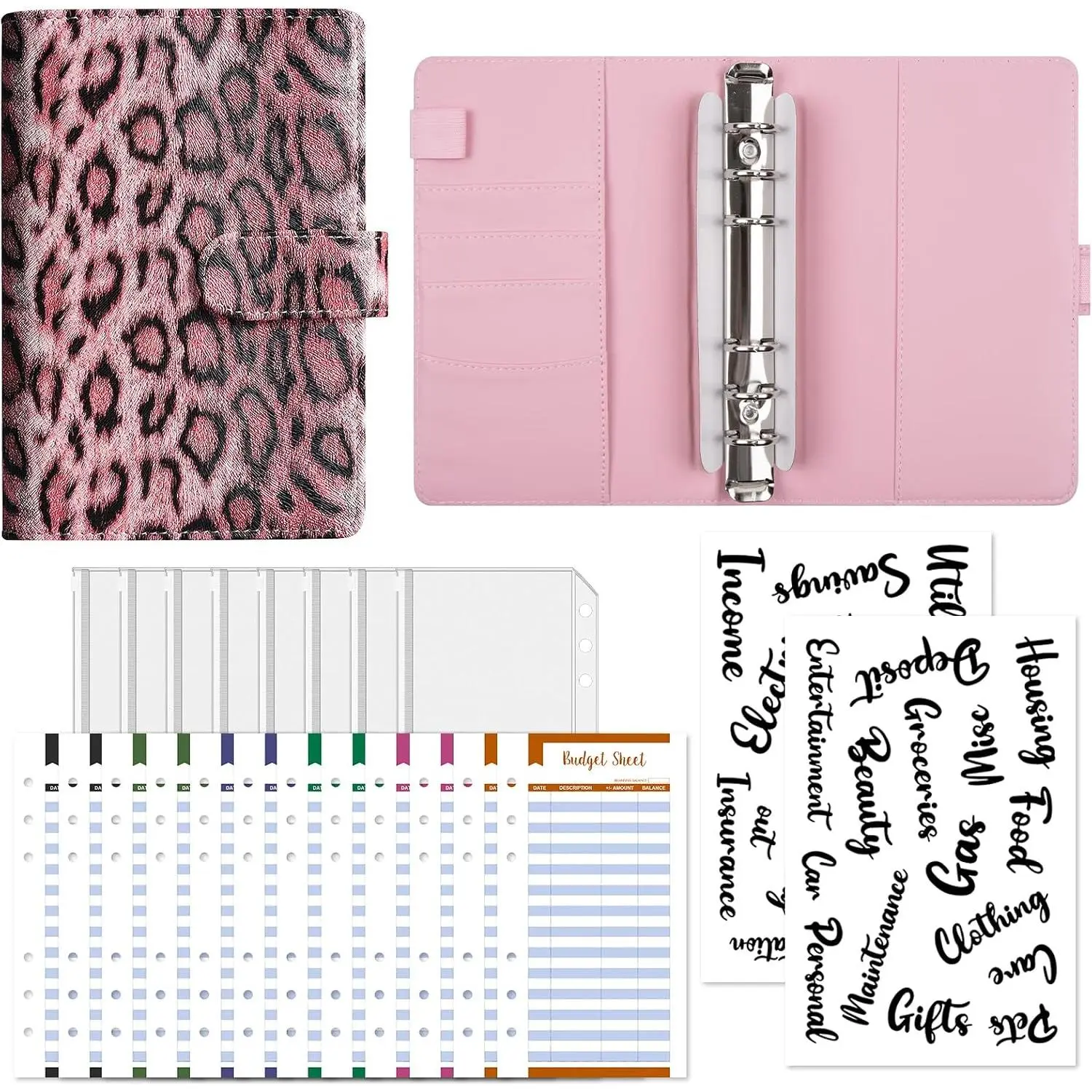A6 Budget Binder with Zipper Envelopes,Leopard Print  Organizer for  with 12 Expense Sheets & 2  Stickers, Envelopes for Budgeting and Saving (Leopard Print )