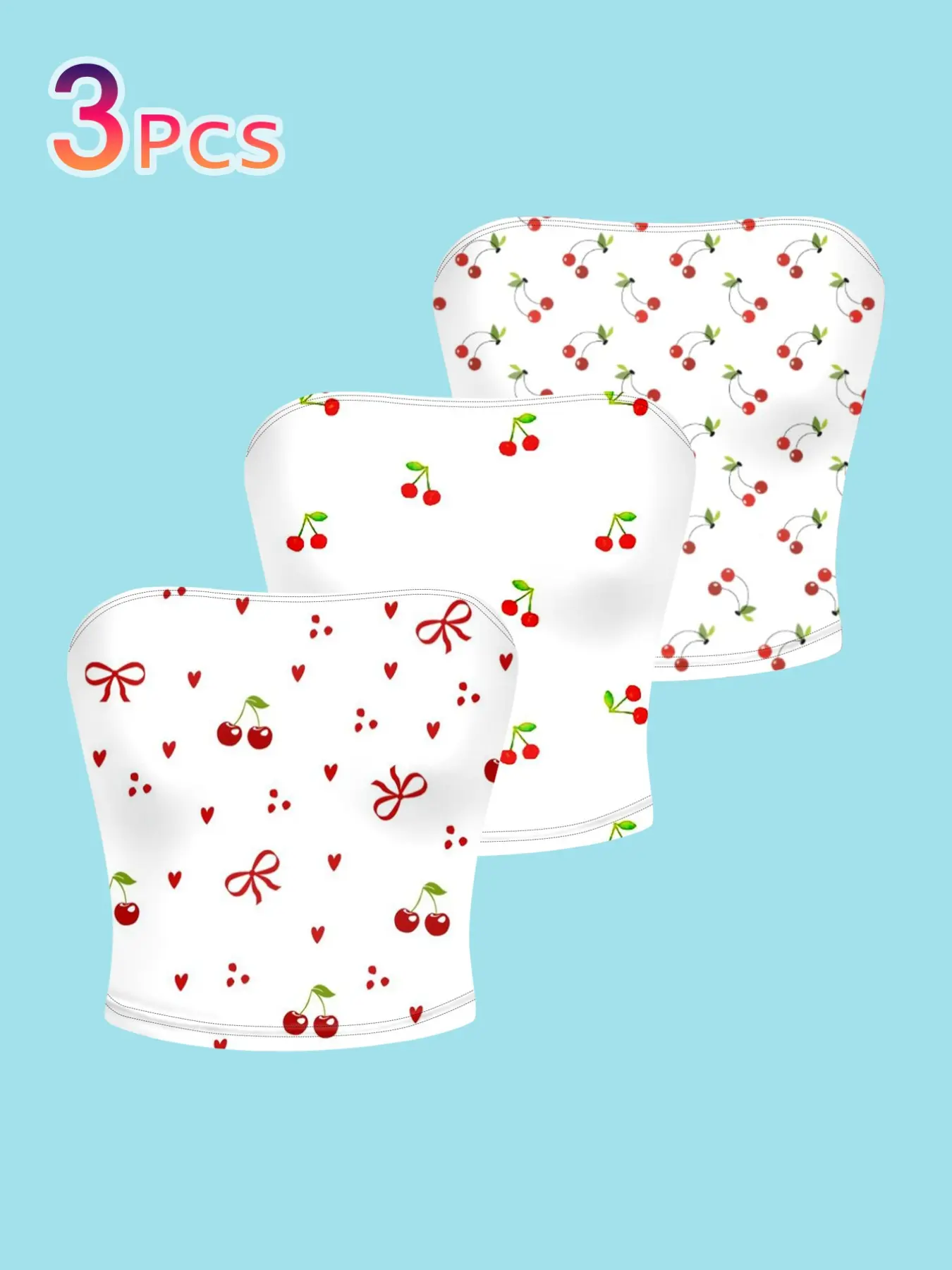 3-Pack Sweet Cherry Print Tube Top for Women, Base Heart Bow Slim Fit Short Sleeveless Top, Casual Fashion Sleeveless All-Season Wear