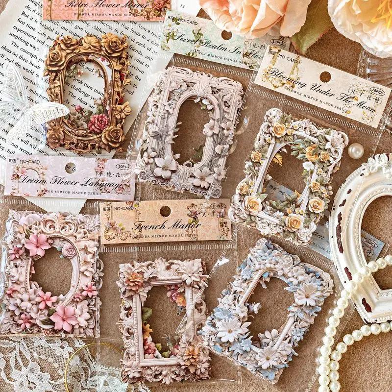 6 Designs Vintage Floral Embossed Frame Stickers - Relief Hollow Border Decals for Scrapbooking, Journaling, DIY Planners, Collage Art & Card Making
