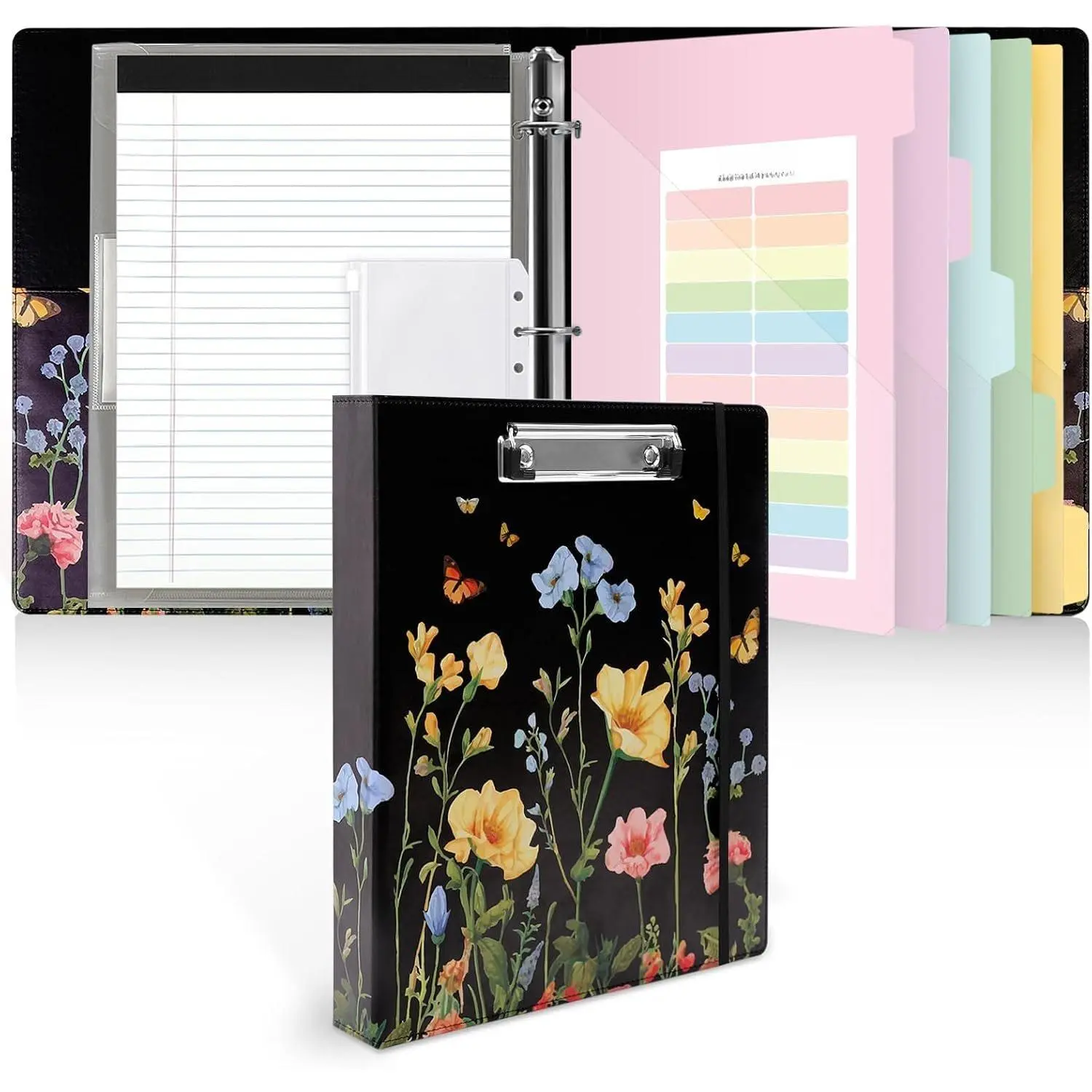 1 Inch 3-Ring Binder with Clipboard, PU Binder with 5 Dividers, Notepad, Stickers & Pockets for Work and School - Aesthetic Binder (Letter Size)