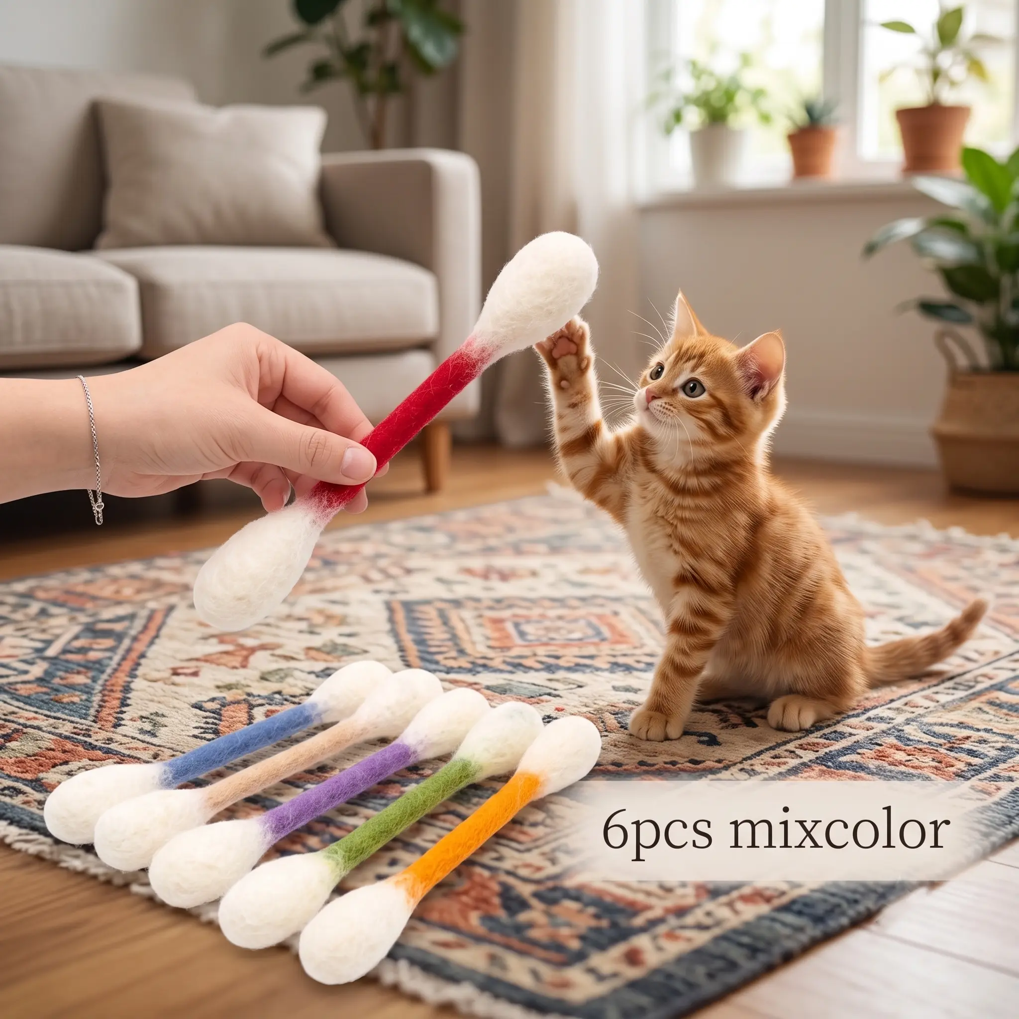 6 Pack Felt Q-Tip Cat Toys, Soft Interactive Chew Sticks for Indoor Cats, Teeth Cleaning, Anxiety & Boredom Relief Pet Toy