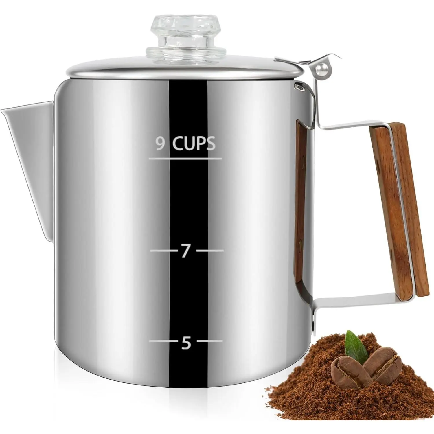 304 Stainless Steel 9-Cup Stovetop Percolator Coffee Pot, 1500ml/50.7oz Greca Mocha Maker with Solid Wood Handle & Transparent Knob, Induction Safe for Home Camping