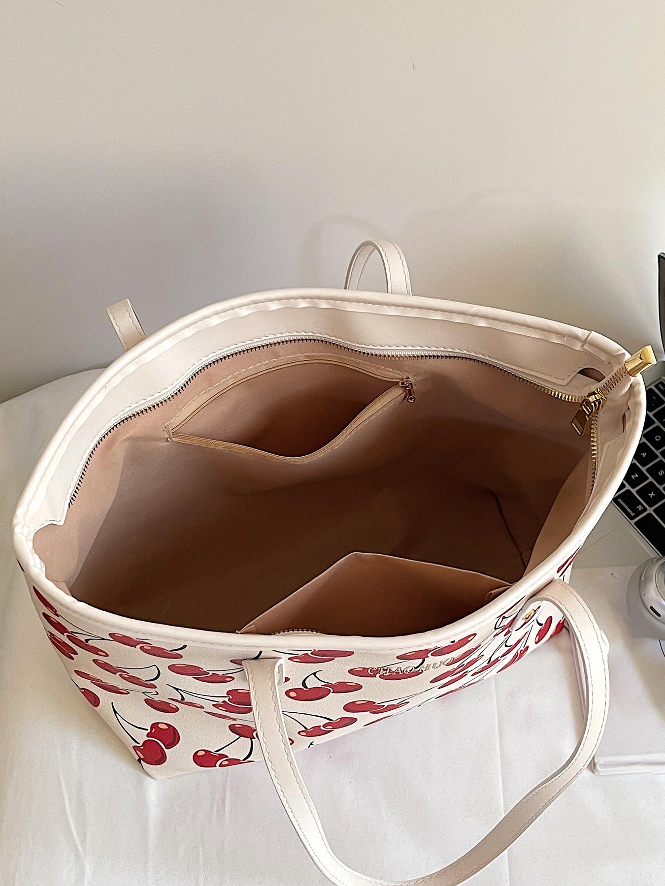 Niche cherry fruit pattern printed tote bag, Lightweight tote bag, one-shoulder underarm bag, casual handbag, Casual commuter bag, Casual trendy purses, versatile for daily commuting, multiple colors available, suitable for college students