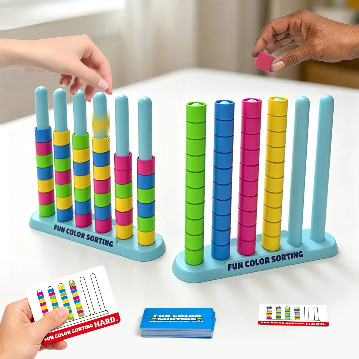 Color Stacking Challenge Game, Fast-Paced Color Matching Puzzle, Perfect for Parties and Family Game Night, Includes 2 Stacks, 50 Cards, 40 Rings