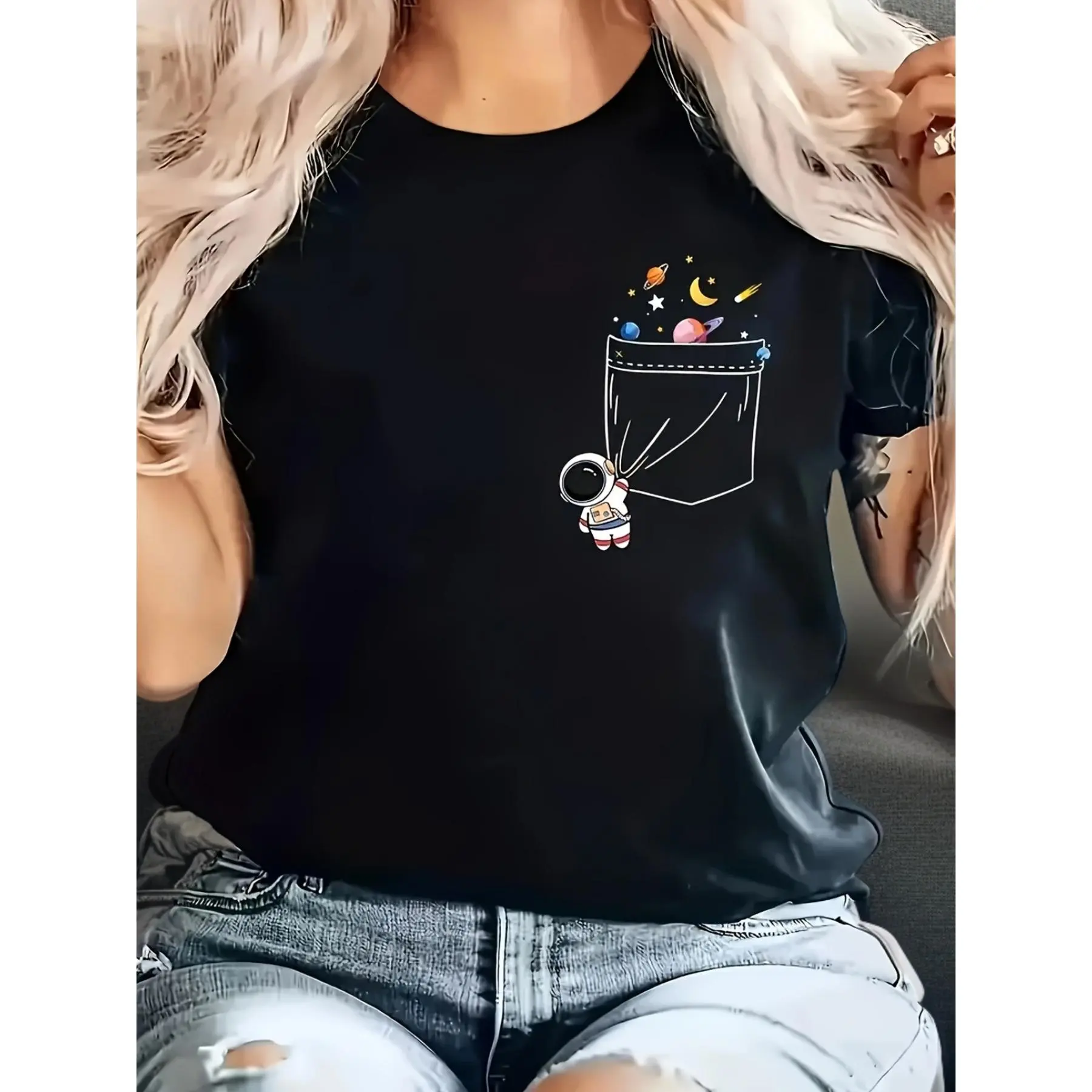 Plus Size, Womens Astronaut Planet Graphic T-Shirt - Lightweight & Breathable Short Sleeve Top - Fashionable Crew Neck Casual Wear for Spring & Summer