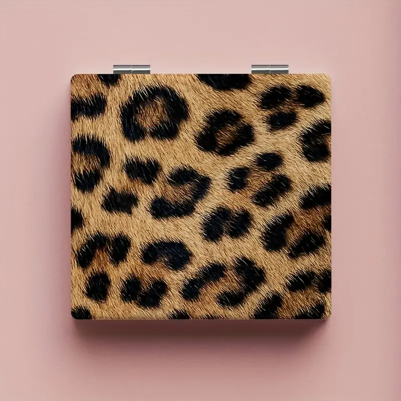 Leopard-print Mini Mirror, Cosmetic Mirror – Flip-top, Dual-sided, Portable with Shock-resistant Glass, Powder-coated Black Frame, Gold-tipped Hinge, Compact Foldable Design for Travel, Ideal Gift for Women and Girls
