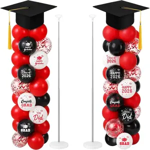 Thenshop 2 Sets Black Red Graduation Balloon Column Stand Kit 2026- Balloon Tower Stand Kit with 100 Balloons with 7ft Adjustable Height with Paper Grad Cap Toppers for Grad Party Decor Supplies