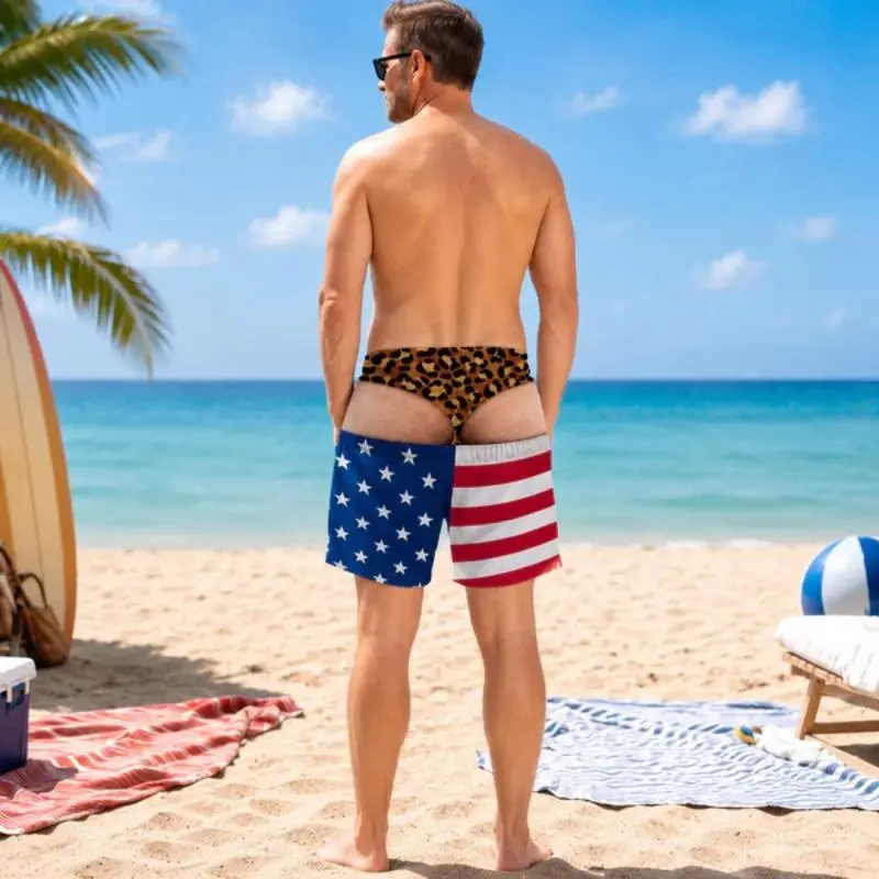Funny 3D Printed Men's Beach Shorts, Fake Sagging Shorts Optical Illusion Swim Trunks, American Flag Leopard Print Quick Dry Casual Summer Shorts, Hilarious Pool Party Holiday Prank Gift for Men