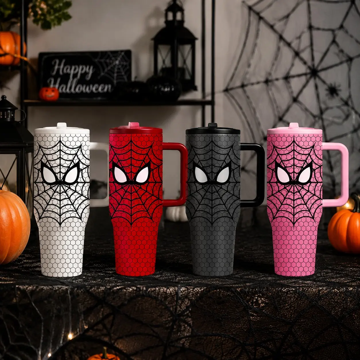 1PC 40oz Spider Web Tumbler with Handle, Stainless Steel Insulated Travel Cup, Double Wall Vacuum Mug, Leak Resistant Lid, Keeps Cold 24H Hot 12H, Cute Halloween Gift for Women, Spooky Season Coffee Cup, Fits Most Cup Holders, Party, Travel & Holiday Gift