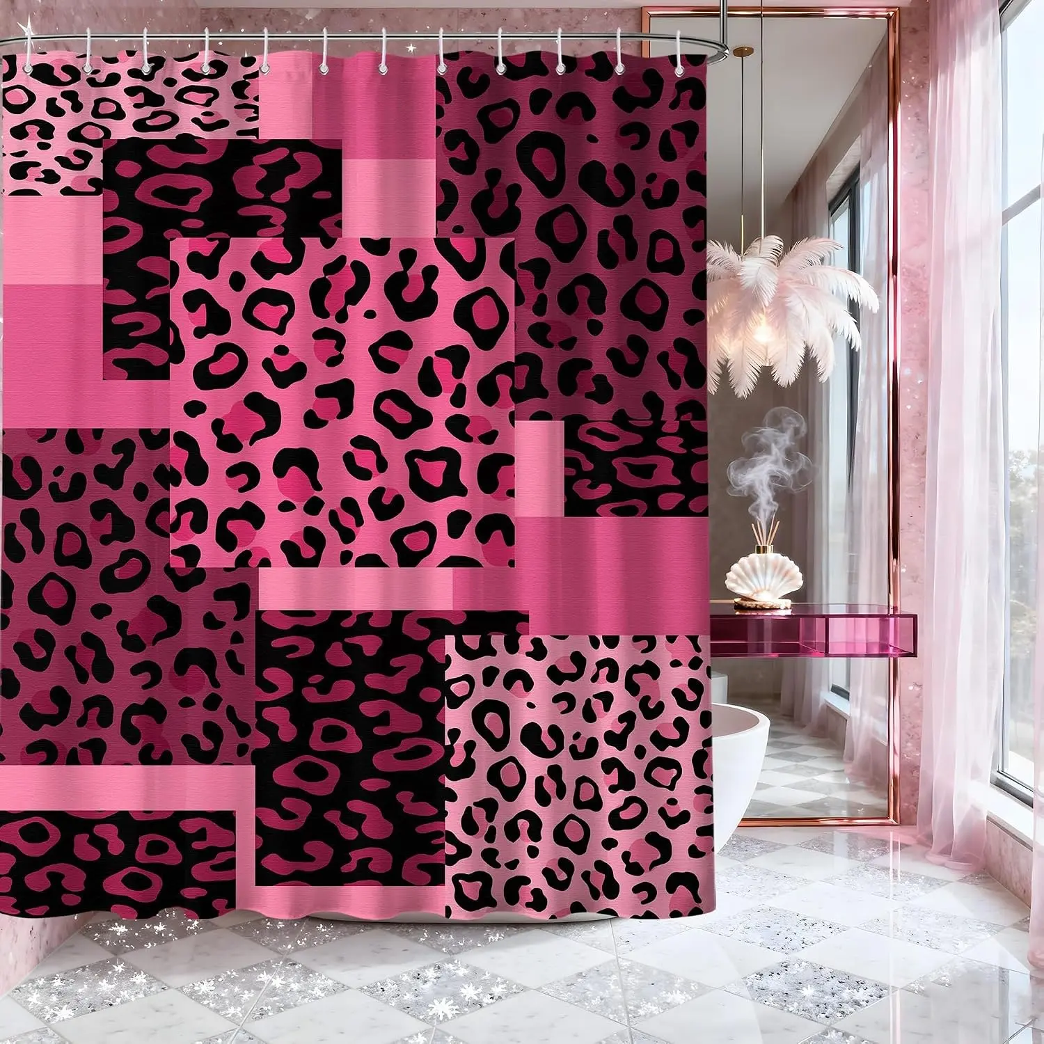 Hot Pink Leopard Shower Curtain, Pink and Black Cheetah, 70 x 72 in | Dark Pink and Black, Cheetah Geometric Print, Girls Bathroom Decor, Waterproof Fabric, Includes Hooks