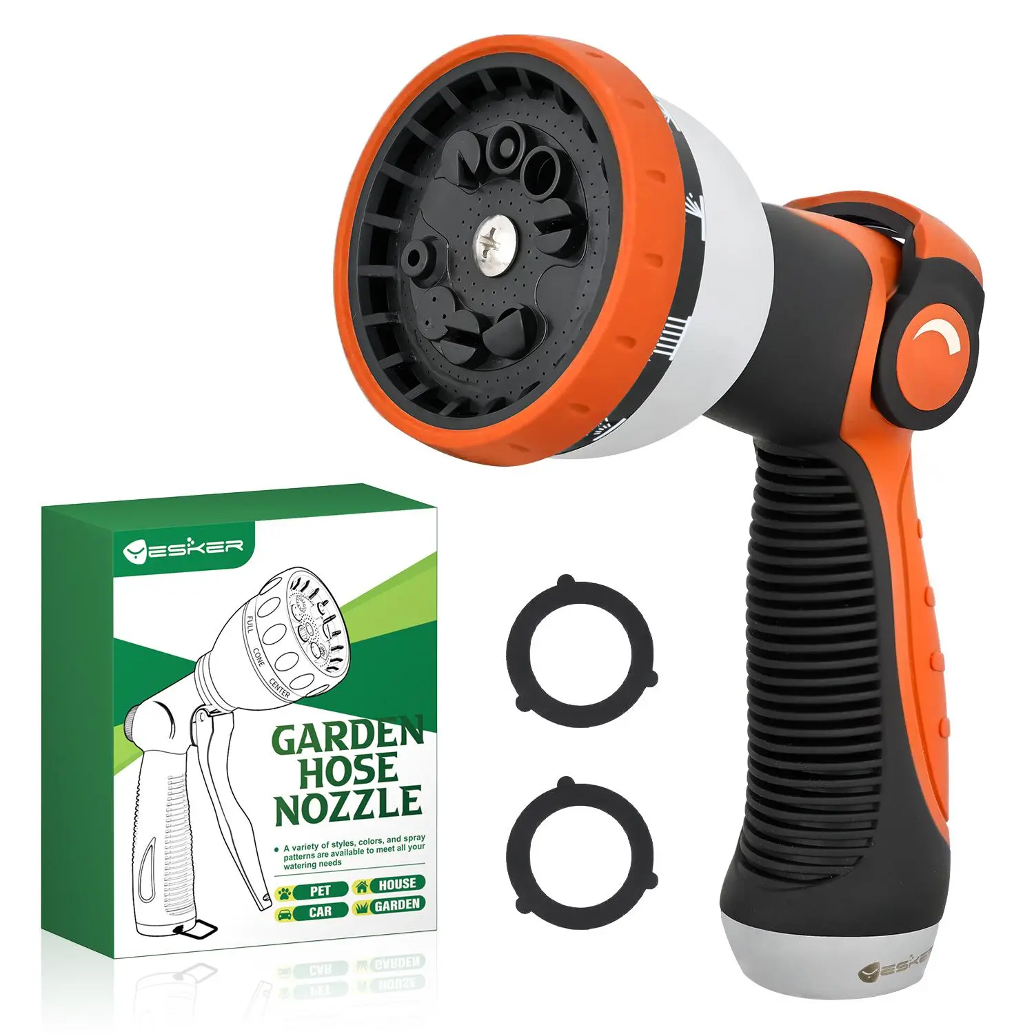 Yesker Garden Hose Nozzle Water Hose Sprayer Nozzle Adjustable 10 Spray Patterns Heavy Duty Metal Nozzles Thumb Control w Non-Slip Grip for Outdoor Watering Plants Lawn Washing Car Pets Black & Orange fathersdaygift