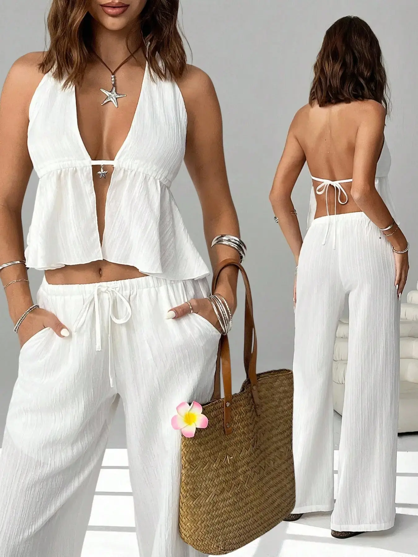 Women's 2-Piece Knitting Casual Set - Lady's Backless Tie-Neck Halter Crop-Top & Elastic-Waist Solid-Color Straight-Leg Pants, Dry Clean Compatible Womenswear
