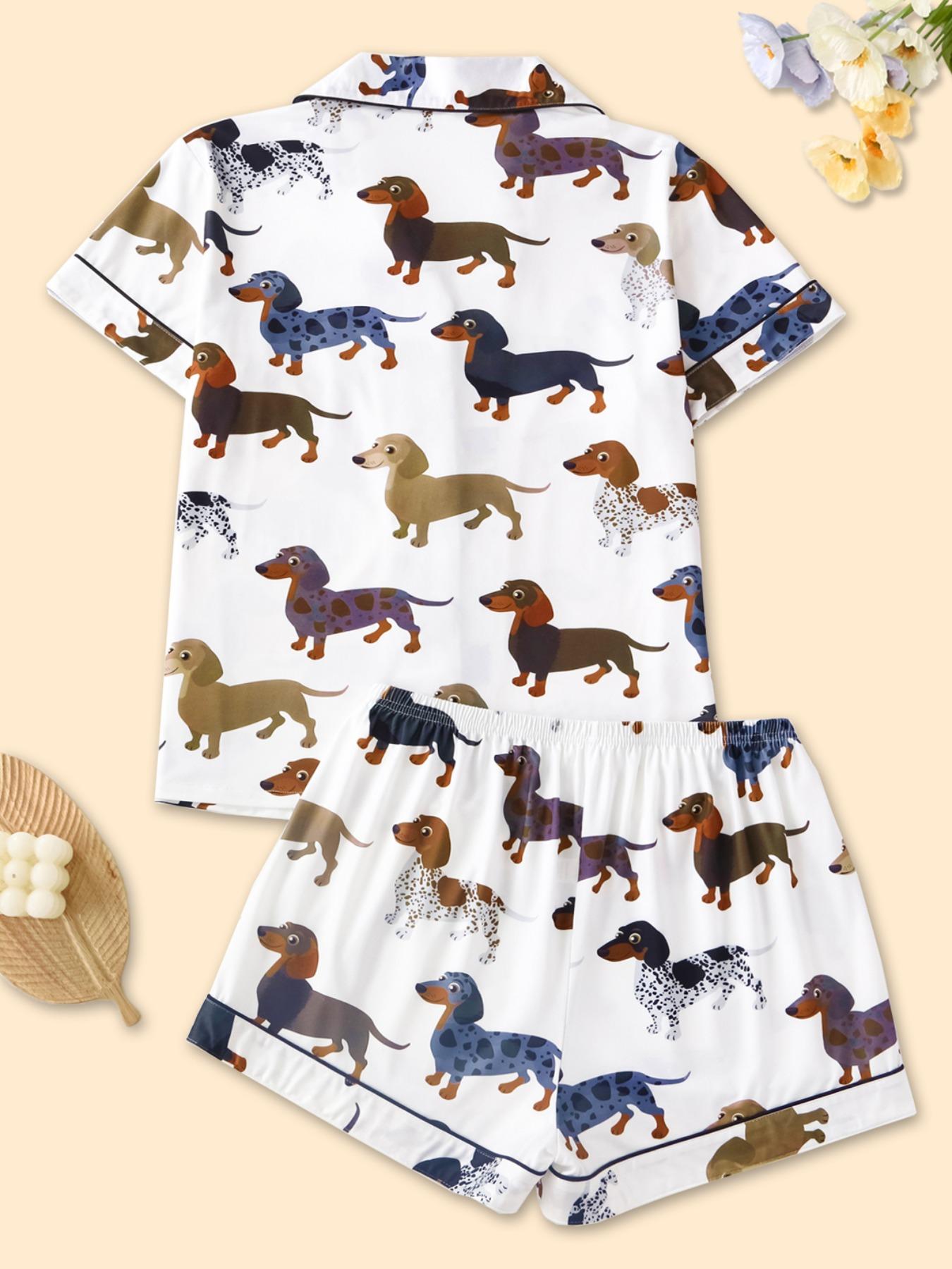 Women's Cartoon Dog Print Short Sleeve Matching Pajamas Two-piece Set, Casual Comfy Lapel Neck Button Design Pj Set for Daily Home Wear, Ladies Sleepwear for All Seasons, Loungewear,  Pastel Cute Pajamas, Breathable Stylish Pajama, Cute Pajama Sets