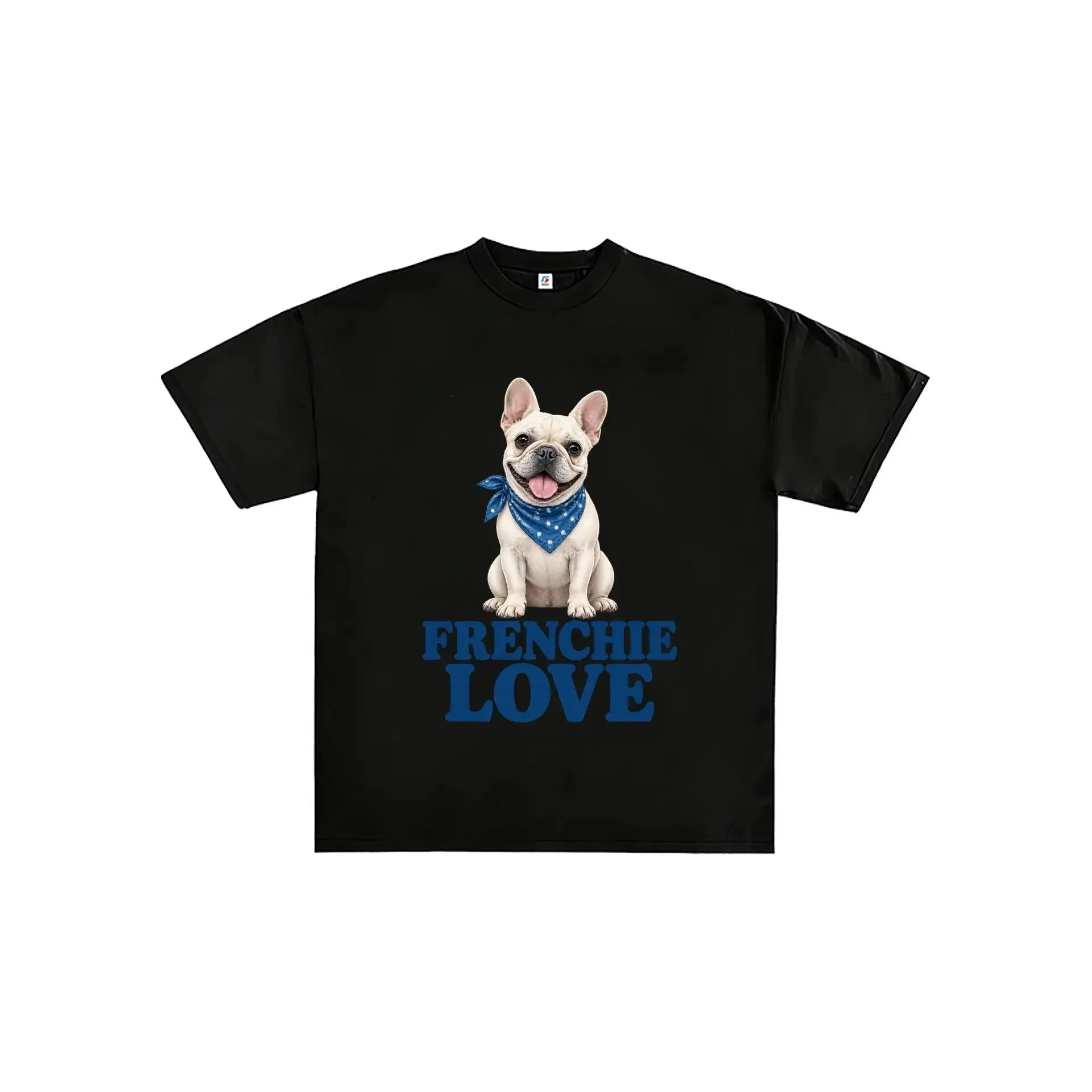 Frenchie Love Graphic T‑Shirt, Cute French Bulldog With Blue Bandana Print Crewneck Tee, Unisex Oversized Cotton Casual Streetwear Shirt, Dog Pet Lovers Tops Gifts for Men Women
