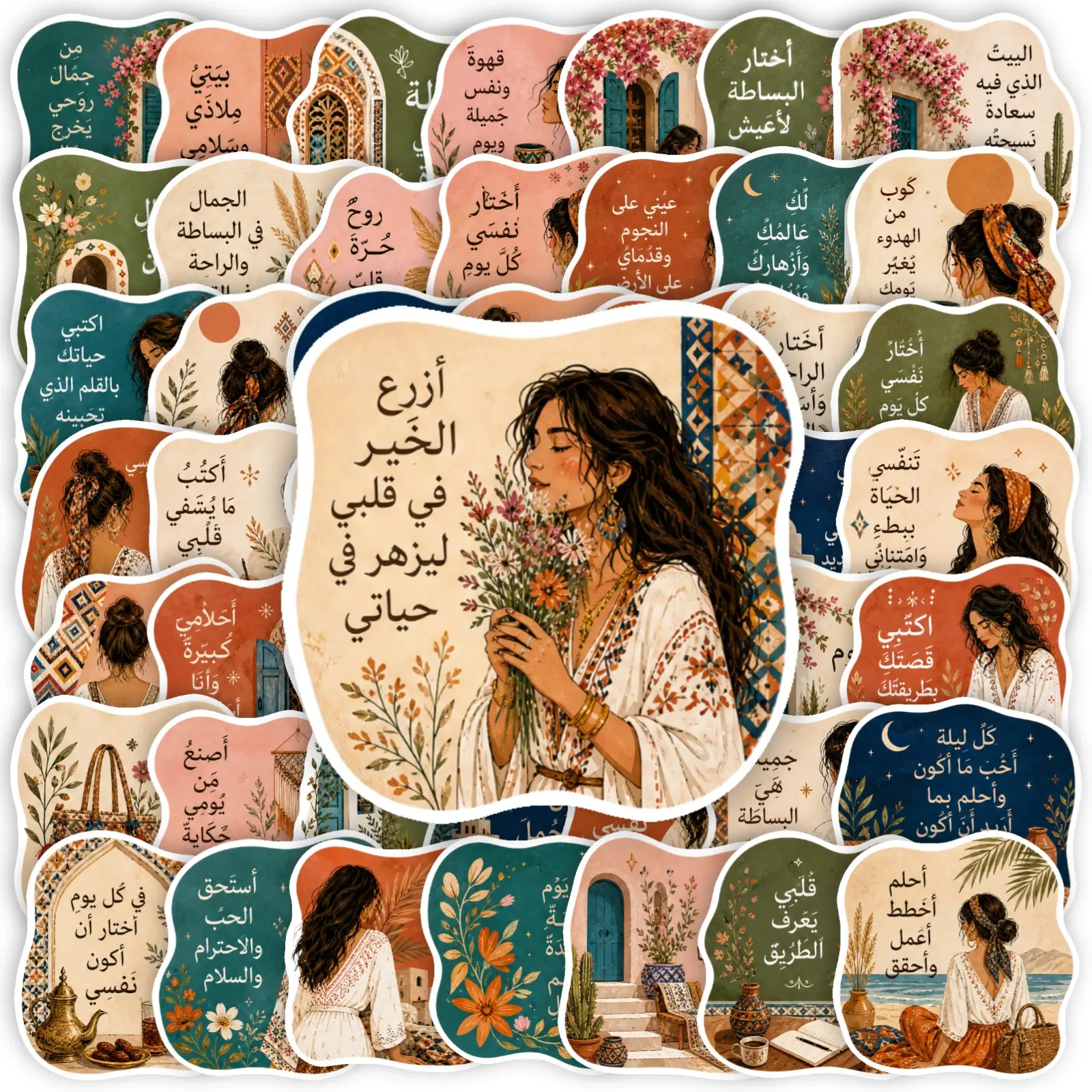 50Pcs Vintage Arabic Quote Stickers, Boho Islamic Aesthetic Decorative Decals, Planner Accessories for Journal Scrapbooking, Multi-purpose Office Products, Back To School Student Stationery Supplies